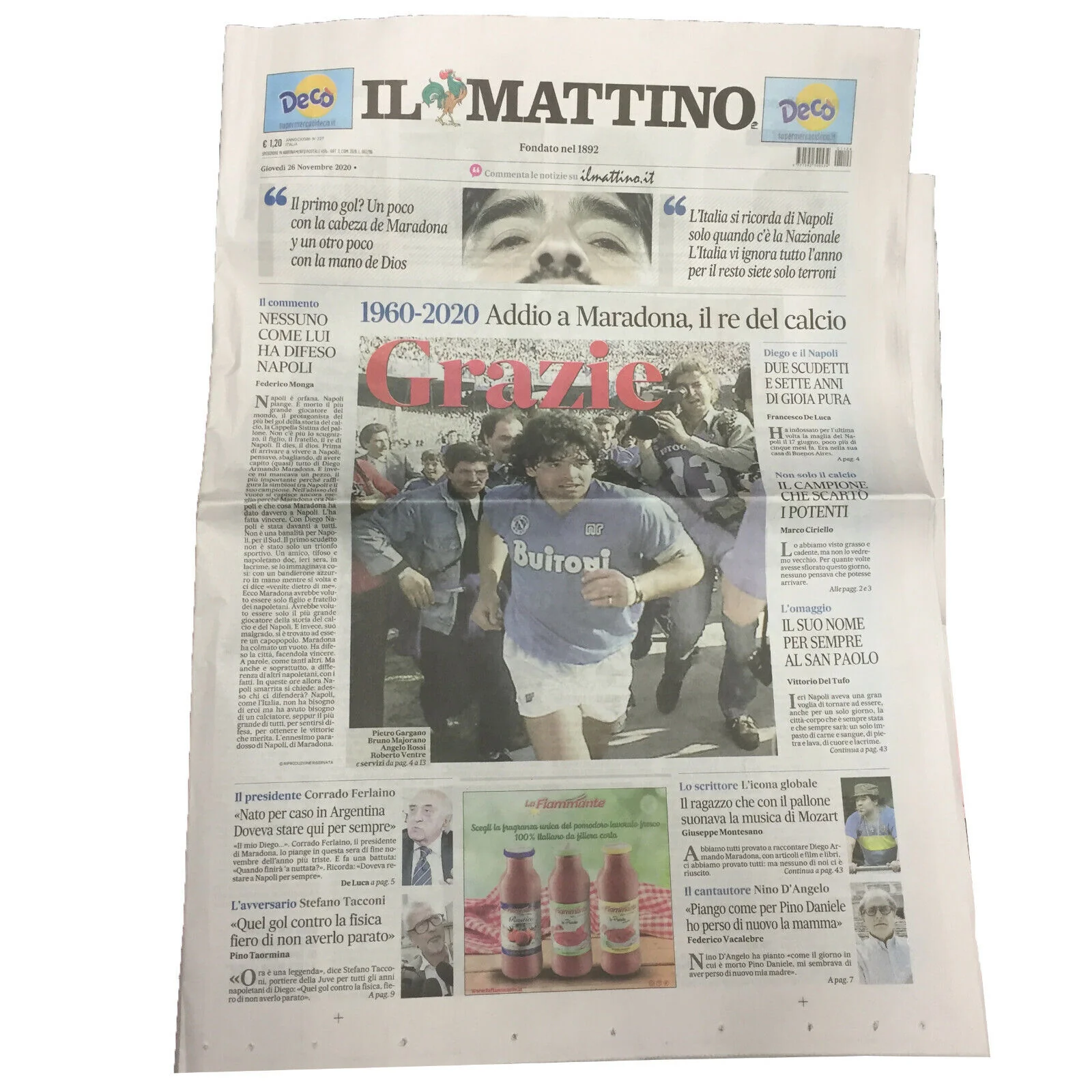 Giornale Il Mattino di NAPOLI del 26/11 Grazie Diego Armando MARADONA 1960-2020 - Image 3